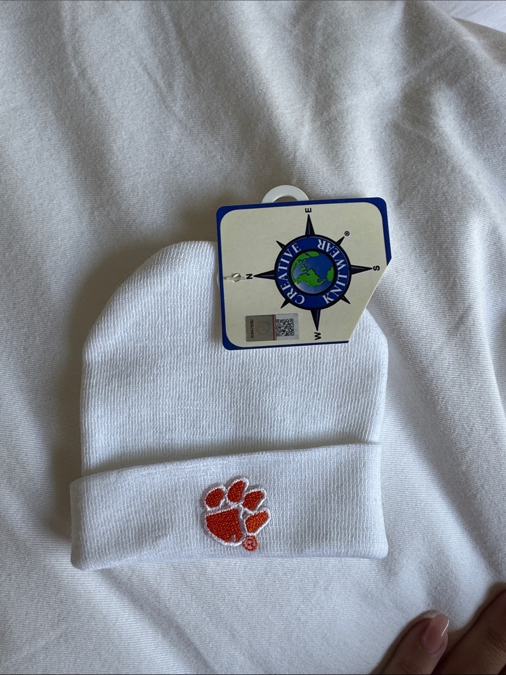 White Kids Beanie with Orange Paw Embroidery -